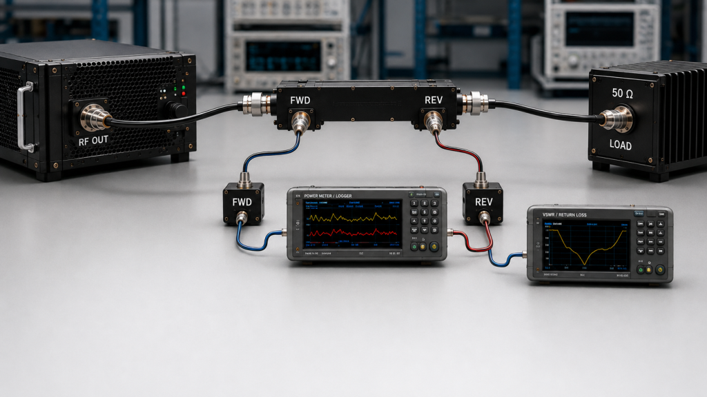 RF PA FWD and REV measurement at a defined reference plane with VSWR and return loss monitoring