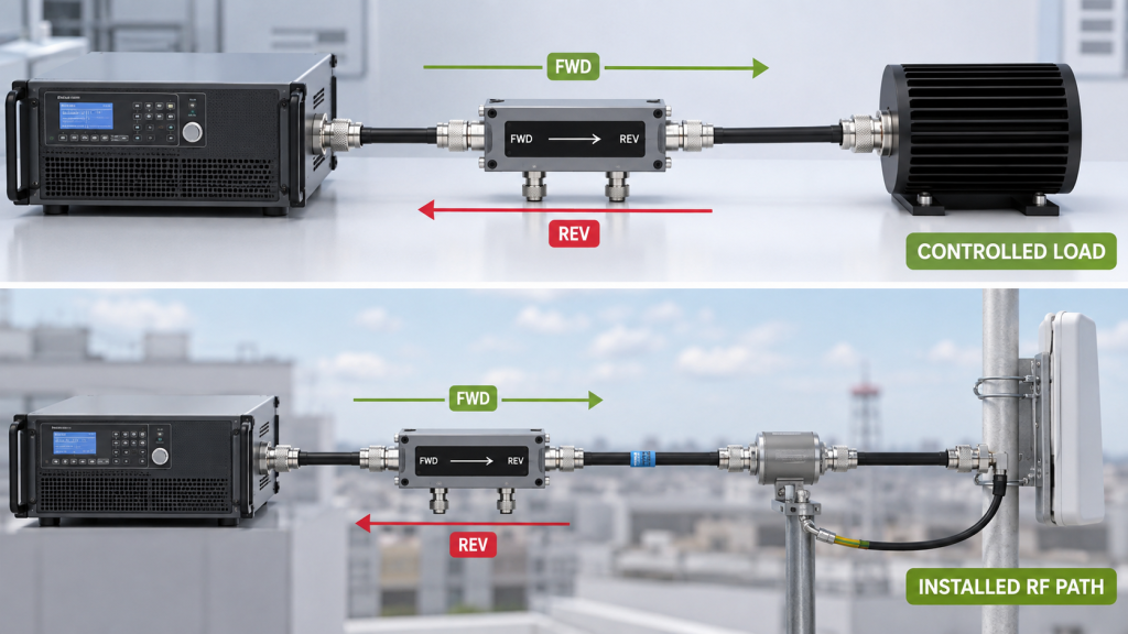 Controlled load and installed RF path comparison showing FWD and REV directions during RF PA testing