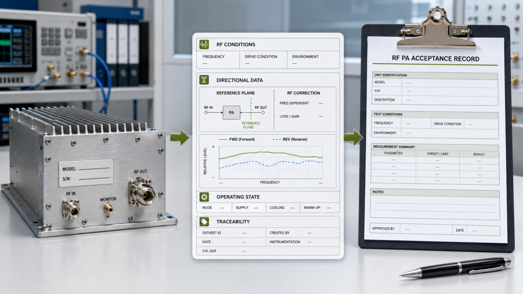 RF PA acceptance record linking one unit S/N with directional FWD and REV data, RF correction, operating state, and traceability