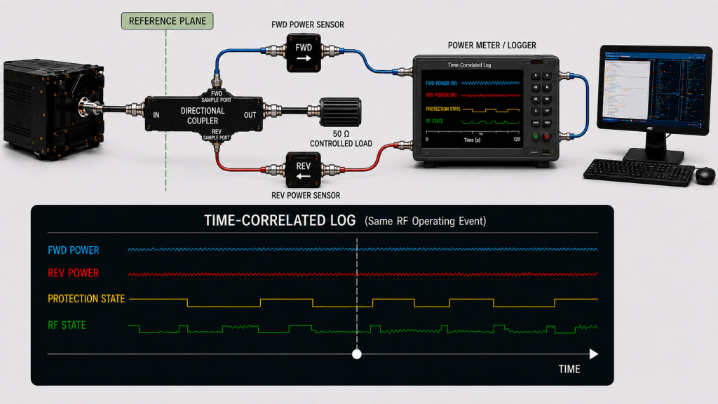 Time-correlated reflected power logging with corresponding FWD, REV, protection state, and RF operating state