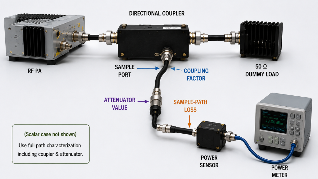 Directional coupler sample path with attenuator, power sensor, and correction losses for RF PA testing