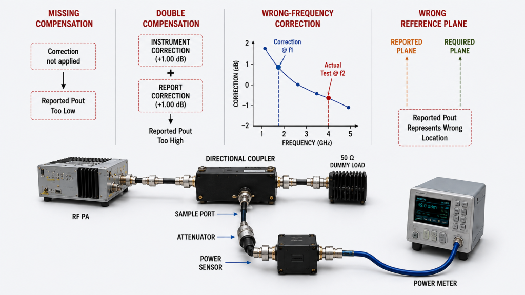 RF PA acceptance errors caused by missing, double, wrong-frequency, or wrong-plane compensation