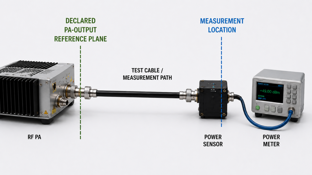 RF power amplifier test path showing the declared output reference plane and power sensor measurement location