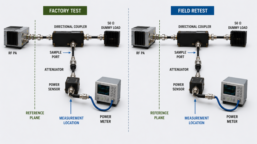 Factory and field RF PA test setups aligned to the same output reference plane