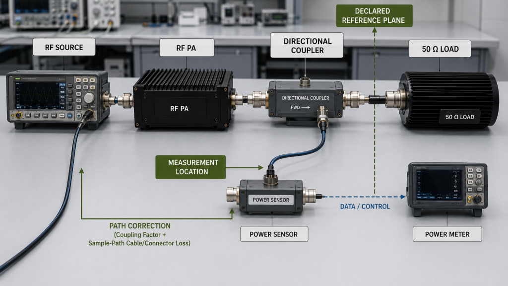 RF PA power measurement setup showing the directional coupler, power sensor, power meter, measurement location, declared reference plane, and path correction.