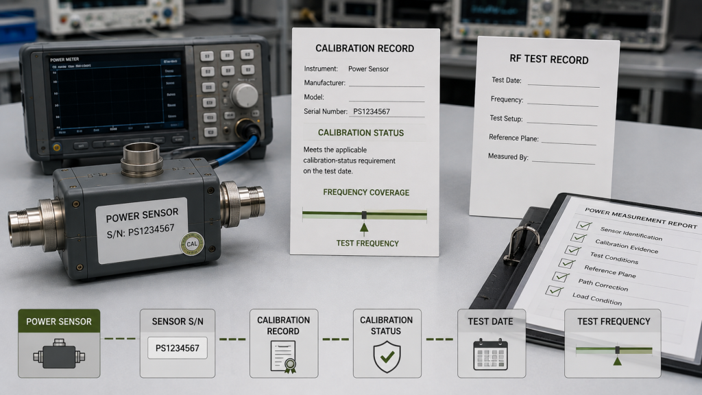 RF power sensor calibration evidence linking the sensor serial number, calibration status, frequency coverage, and RF test date.