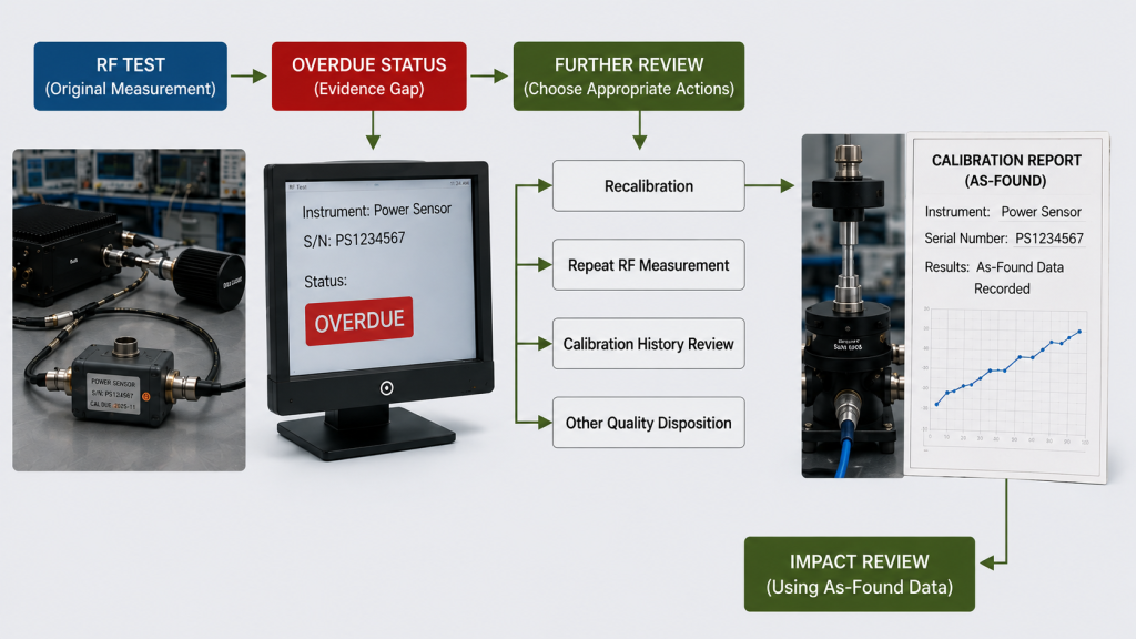 RF power sensor overdue calibration workflow showing further review, recalibration, repeat RF measurement, calibration history review, as-found data, and impact review.