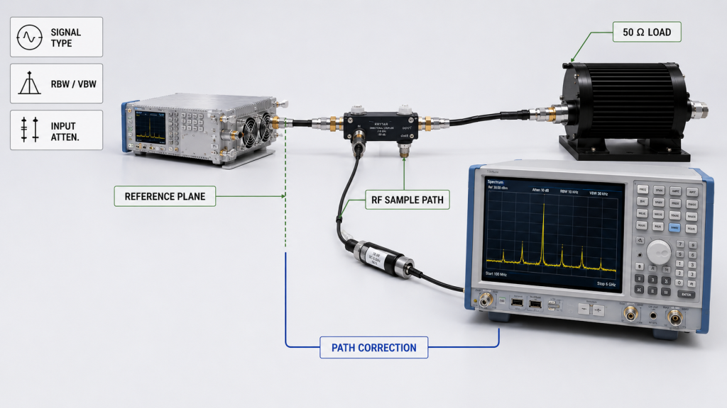 RF PA harmonic measurement setup showing the RF sample path, reference plane, path correction, RBW, VBW, and input attenuation