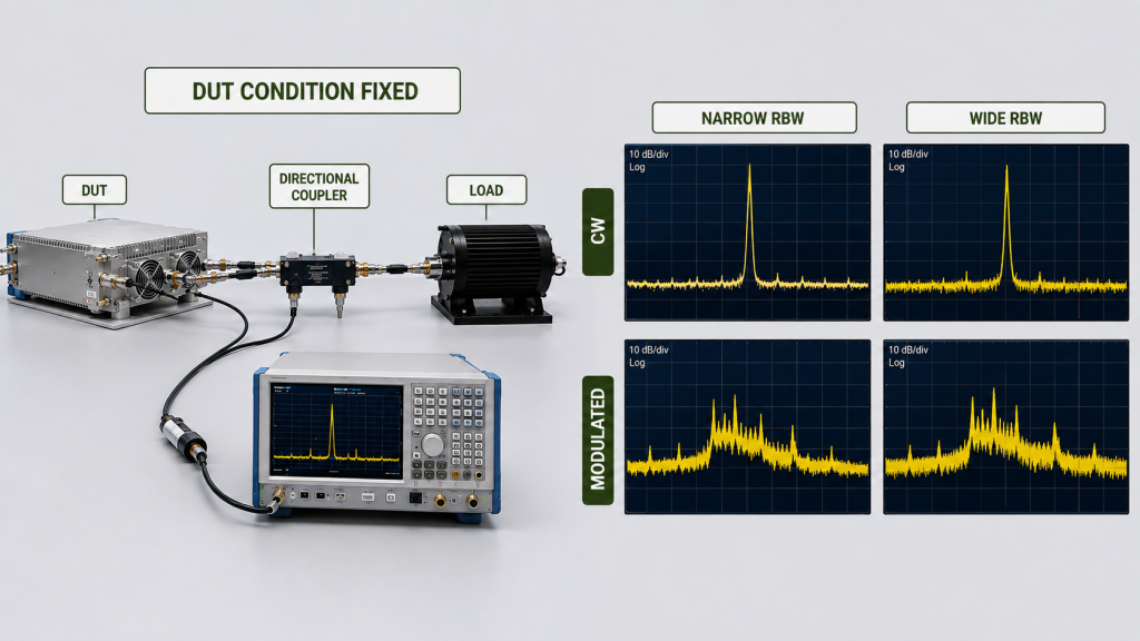 Narrow and wide RBW comparison for CW and modulated RF signals with the DUT operating condition held fixed