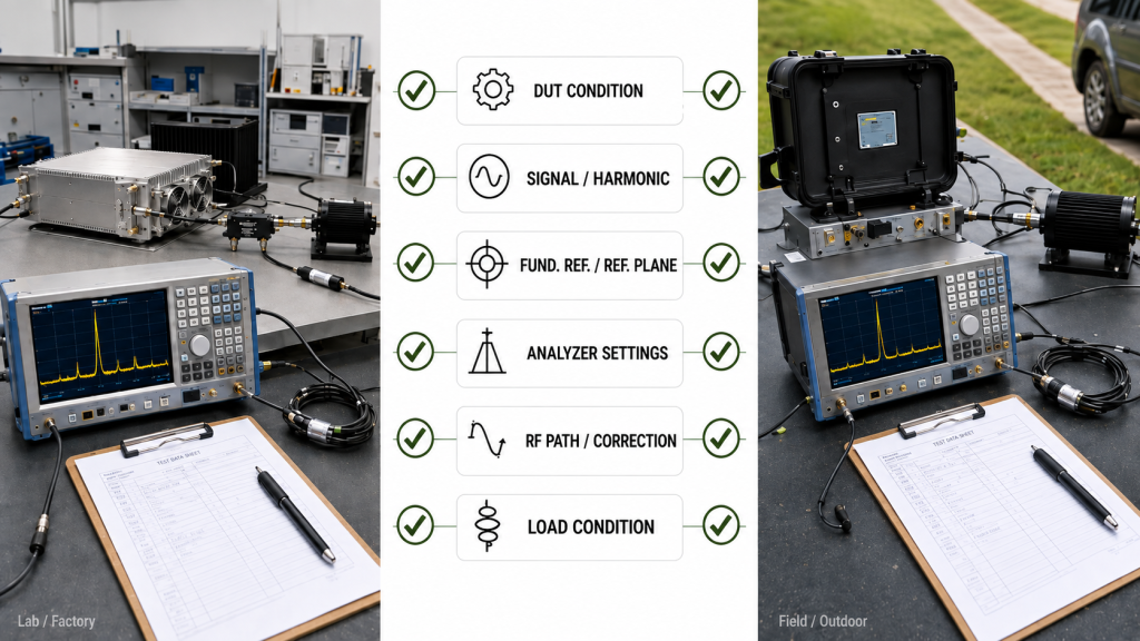 Factory and field RF PA harmonic test comparison using equivalent DUT condition, signal and harmonic definition, reference plane, analyzer settings, RF path correction, and load condition