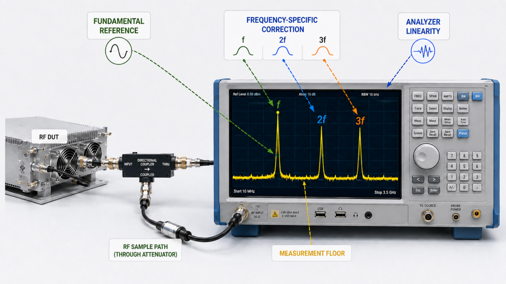 RF PA harmonic measurement showing fundamental reference, frequency-specific correction at f, 2f, and 3f, analyzer linearity, and measurement floor