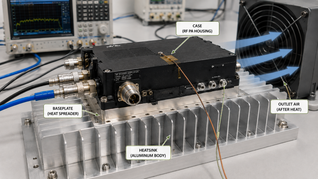 RF PA showing case, baseplate, heatsink, and outlet-air locations that represent different thermal measurement conditions.