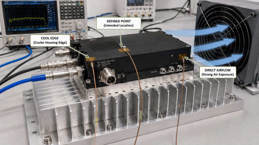 RF PA thermal test comparing the defined probe point, a cooler housing edge, and a surface probe exposed to direct airflow.