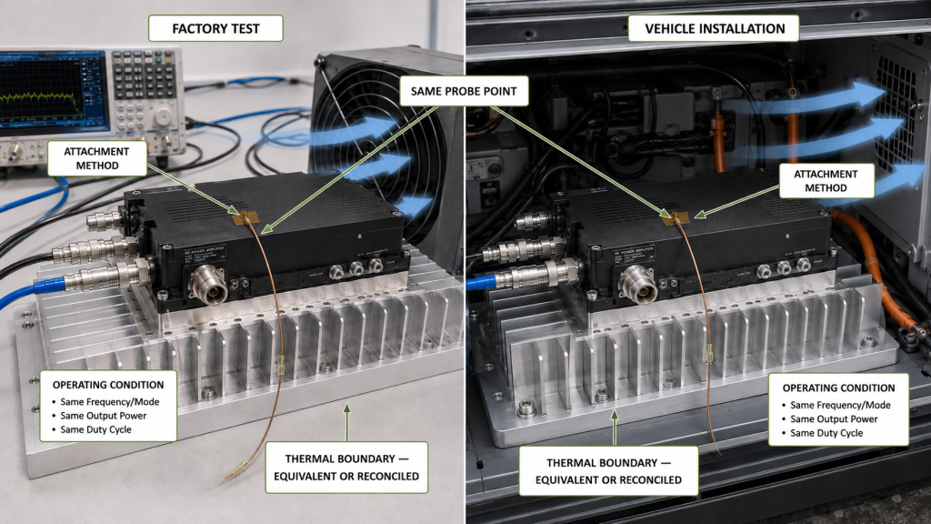 RF PA factory and vehicle thermal tests using the same probe point, attachment method, operating condition, and equivalent or reconciled thermal boundary.