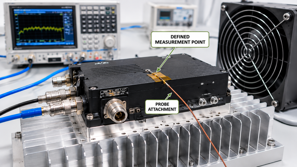 RF PA temperature probe attached to a defined measurement point on the module housing for repeatable thermal acceptance testing.