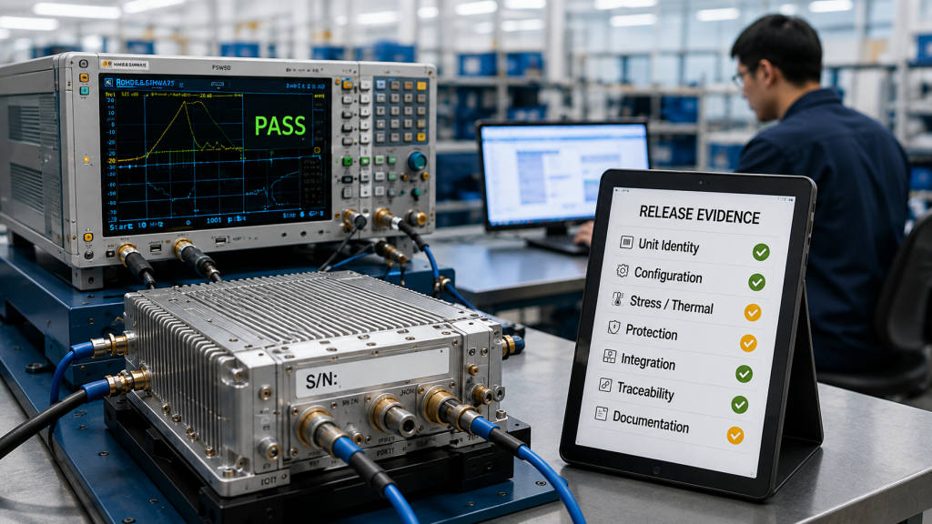 RF PA acceptance showing a passed RF test while broader release evidence remains only partly verified