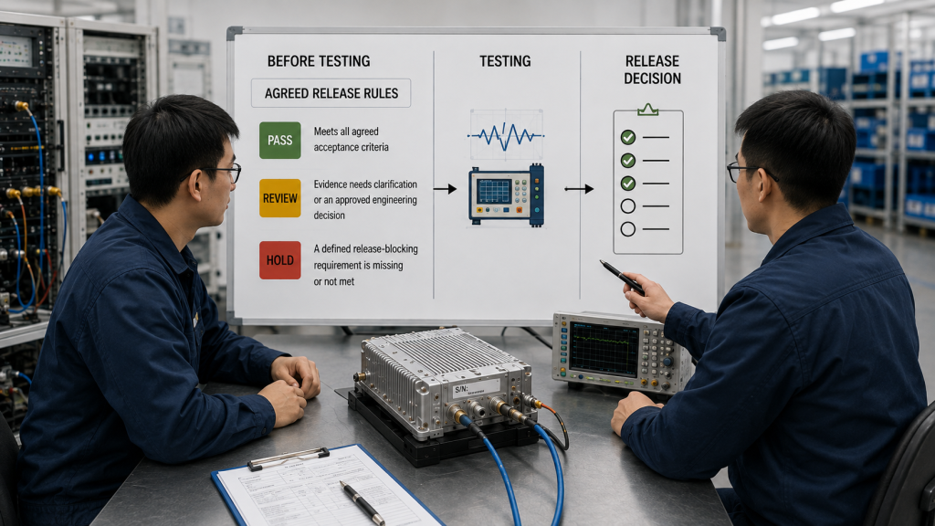 RF PA acceptance review defining Pass, Review, and Hold release rules before testing and shipment decisions