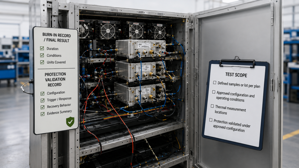 RF PA acceptance setup documenting burn-in, thermal, and protection validation evidence for defined units and configurations