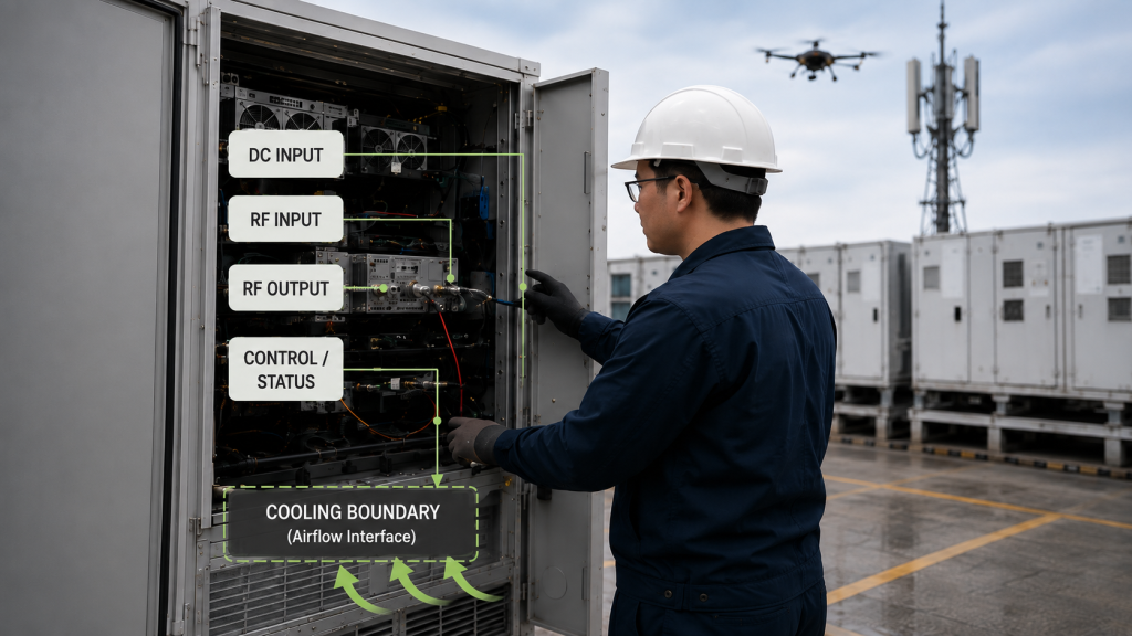 C-UAS RF PA integration check identifying DC input, RF input and output, control status, and airflow cooling boundary in the delivered configuration