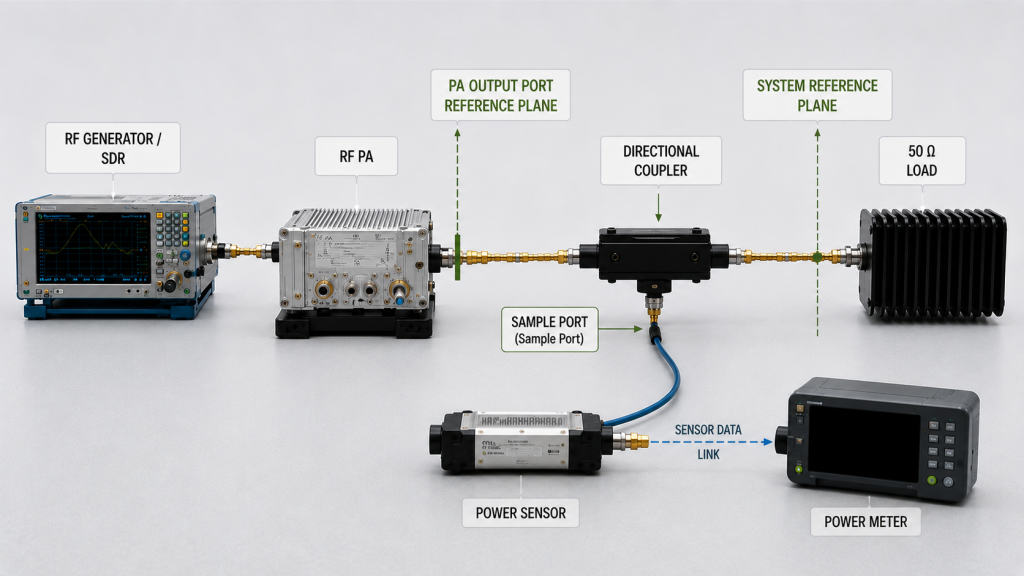 RF PA acceptance test setup showing the PA output reference plane, system reference plane, directional coupler, sample port, power sensor, and 50 ohm load