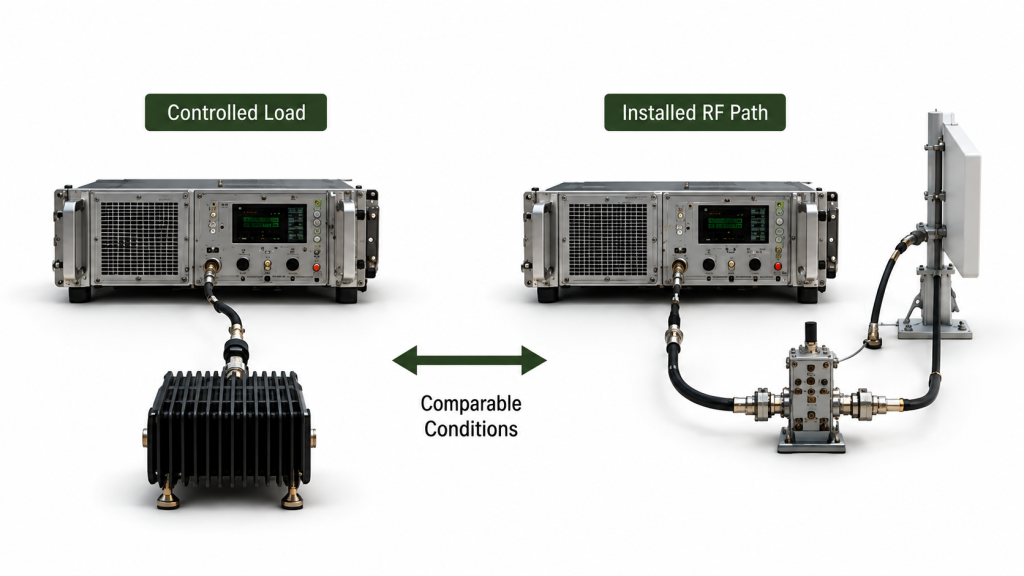 Controlled load and installed RF path comparison for diagnosing a reflected power alarm after C-UAS installation