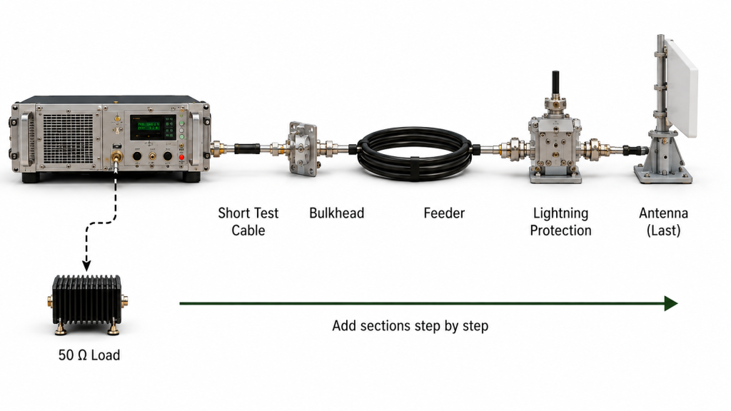 Step-by-step RF path isolation from a known-good load to feeder, lightning protection, and antenna for reflected power alarm diagnosis