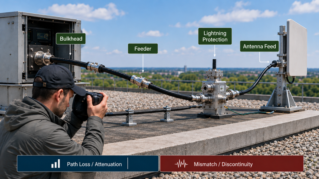 Bulkhead, feeder, lightning protection, and antenna feed inspection for locating reflected power alarm causes in an installed RF path