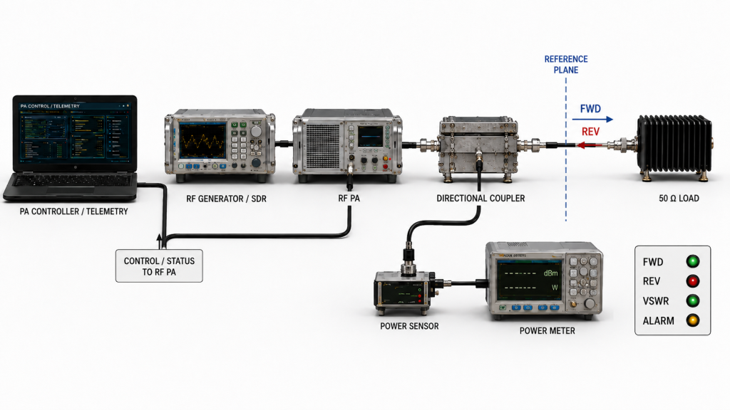RF PA test setup correlating FWD, REV, VSWR, and telemetry with a reflected power alarm event