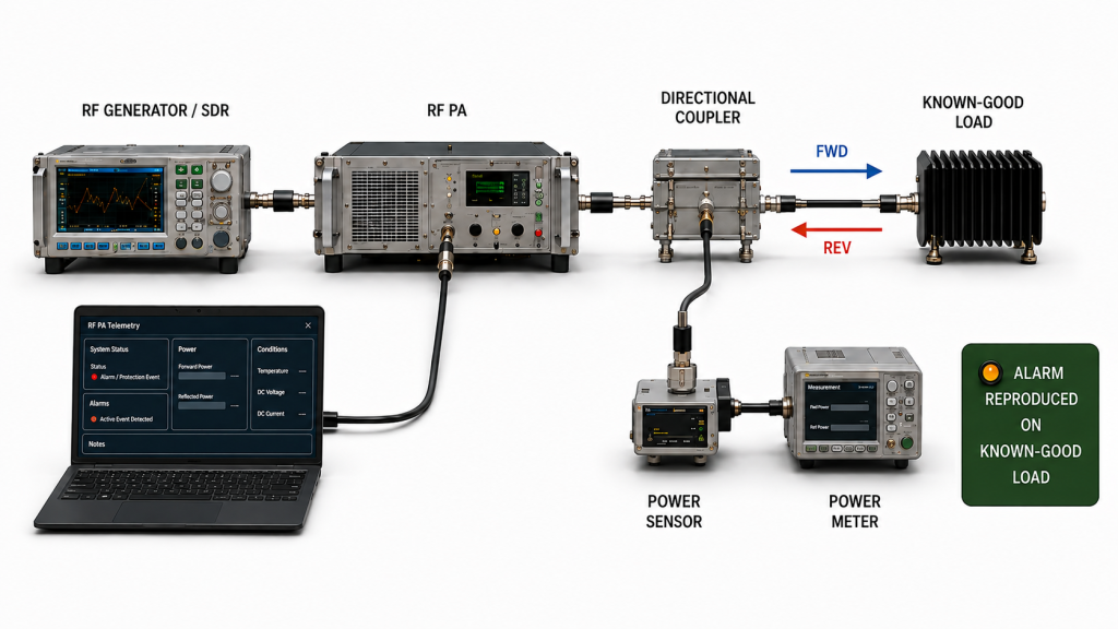 RF PA retest on a known-good load to determine whether a reflected power alarm remains independent of the installed antenna path