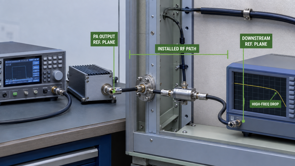 RF PA output and downstream reference planes used to locate where a high-frequency output drop begins