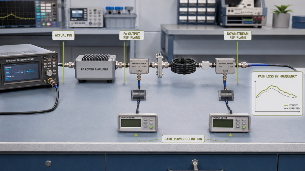 RF test setup comparing corrected PA-port output with downstream RF delivery using defined reference planes and frequency-specific path loss