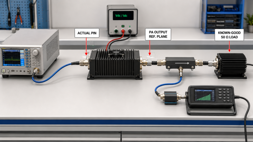 Controlled RF PA test with Actual Pin, PA output reference plane, directional coupler sampling, power meter, and known-good 50 ohm load