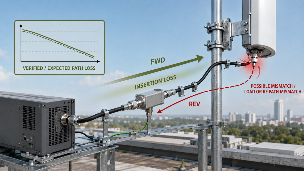 Installed RF path showing forward insertion loss and reflected power from downstream mismatch at high frequency