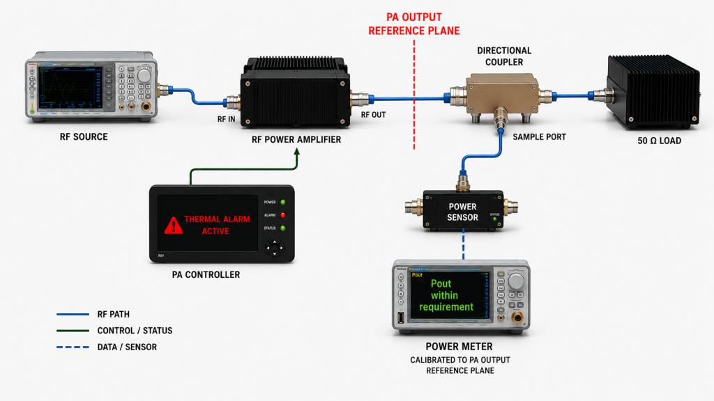 RF PA thermal alarm test setup showing the PA output reference plane, directional coupler, sample-port power sensor, and Pout within requirement.