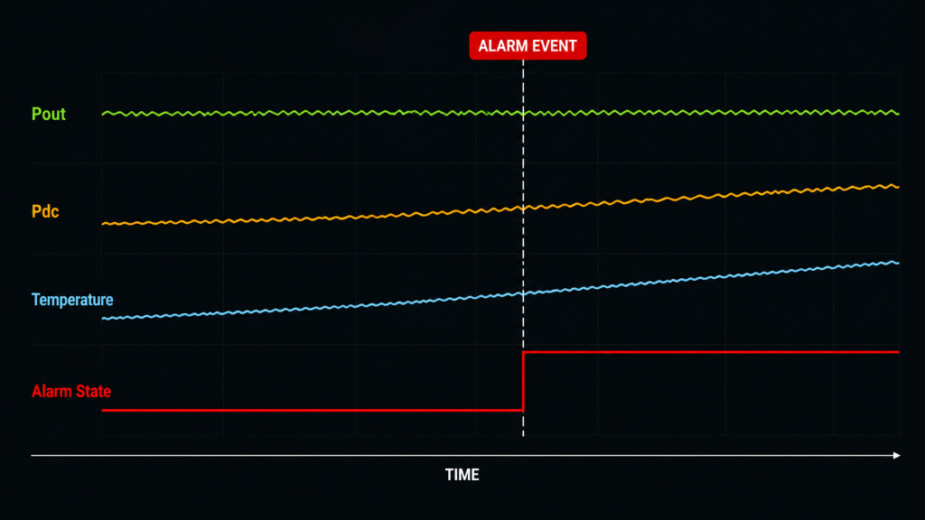 RF PA thermal alarm timeline correlating stable Pout with increasing Pdc, rising temperature, and alarm activation.