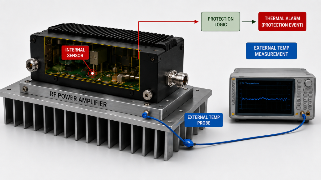 RF PA internal temperature sensor feeding protection logic while a separate external probe measures temperature at the cooling surface.