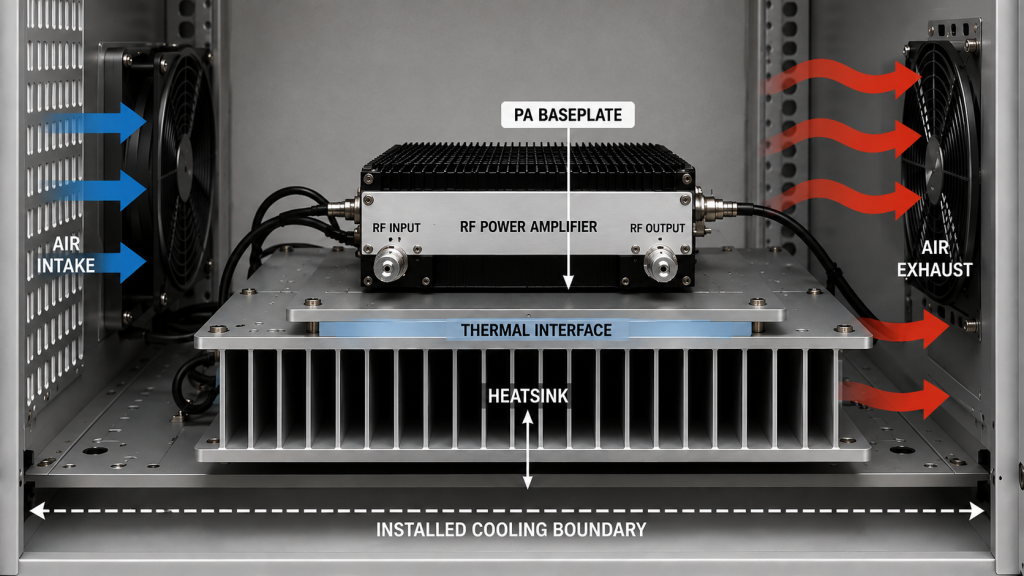 RF PA installed cooling path showing the PA baseplate, thermal interface, heatsink, intake airflow, exhaust airflow, and cooling boundary.