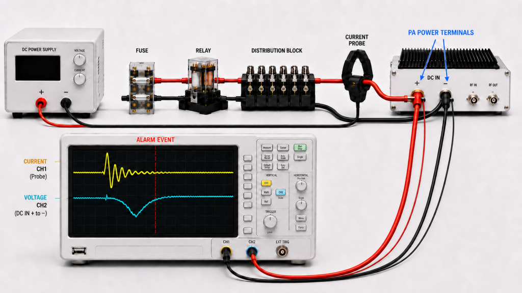 RF PA current alarm diagnosis using synchronized startup current and PA-terminal voltage measurements