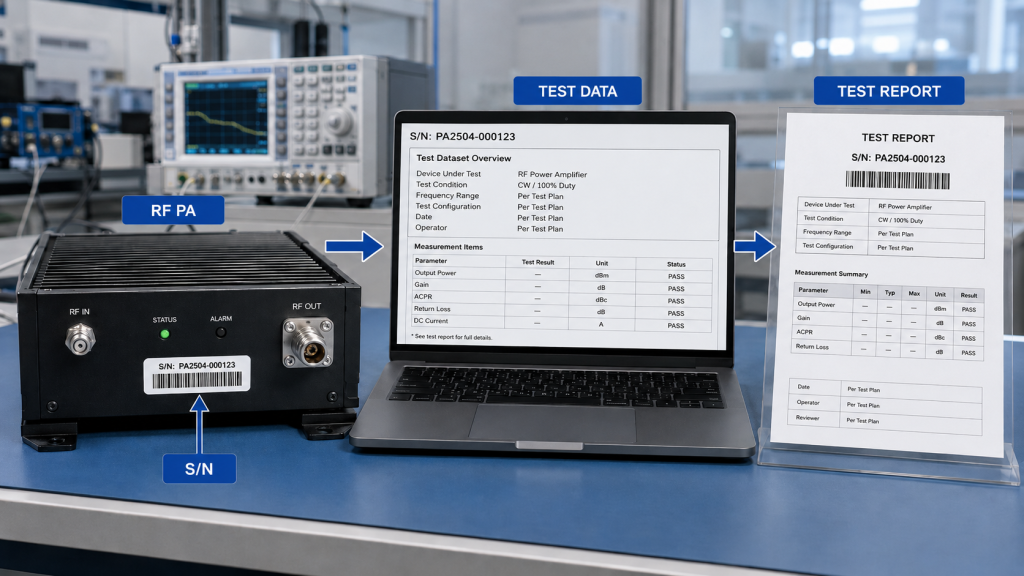 S/N-linked RF power test evidence connecting one RF PA unit to its test dataset and test report