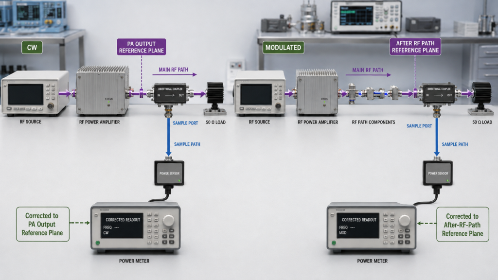 Reliable RF power comparison using PA output and after-RF-path reference planes with corrected power measurements