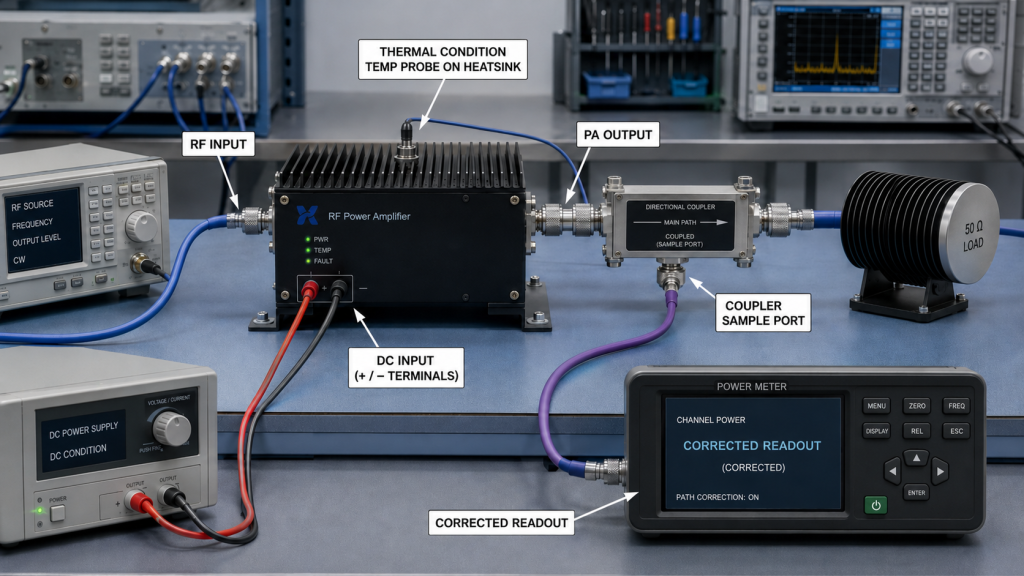 Reliable RF power test setup showing RF input, PA output, DC input, thermal condition, directional coupler and corrected power measurement