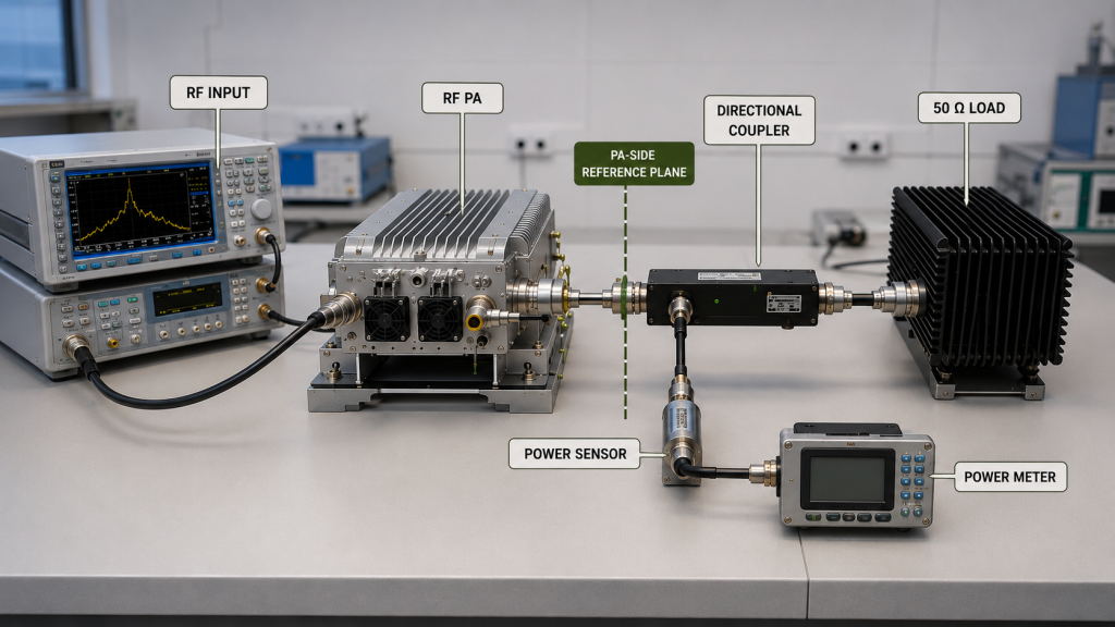 RF PA dummy-load baseline test with a directional coupler, power sensor, power meter, and defined PA-side reference plane