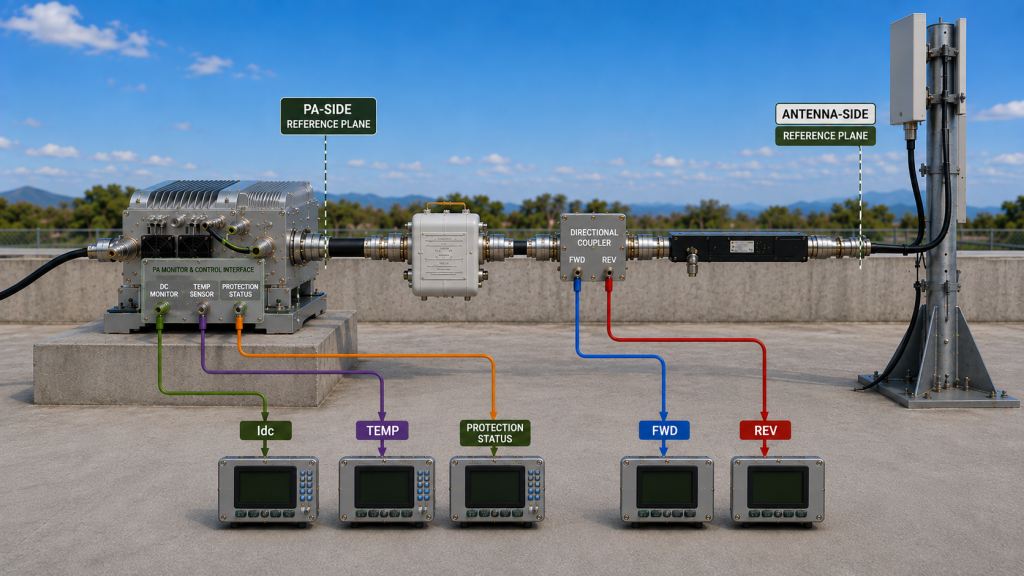 RF PA test setup separating FWD and REV reflection evidence from Idc, temperature, protection status, and defined power reference planes