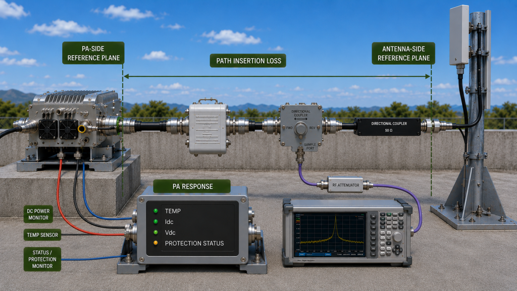 RF PA connected to a real antenna path showing path insertion loss, PA-side and antenna-side reference planes, monitoring evidence, and RF sample measurement