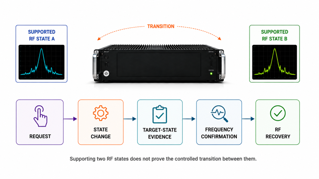 RF PA supporting RF state A and RF state B while illustrating that static frequency coverage alone does not prove a controlled frequency transition.