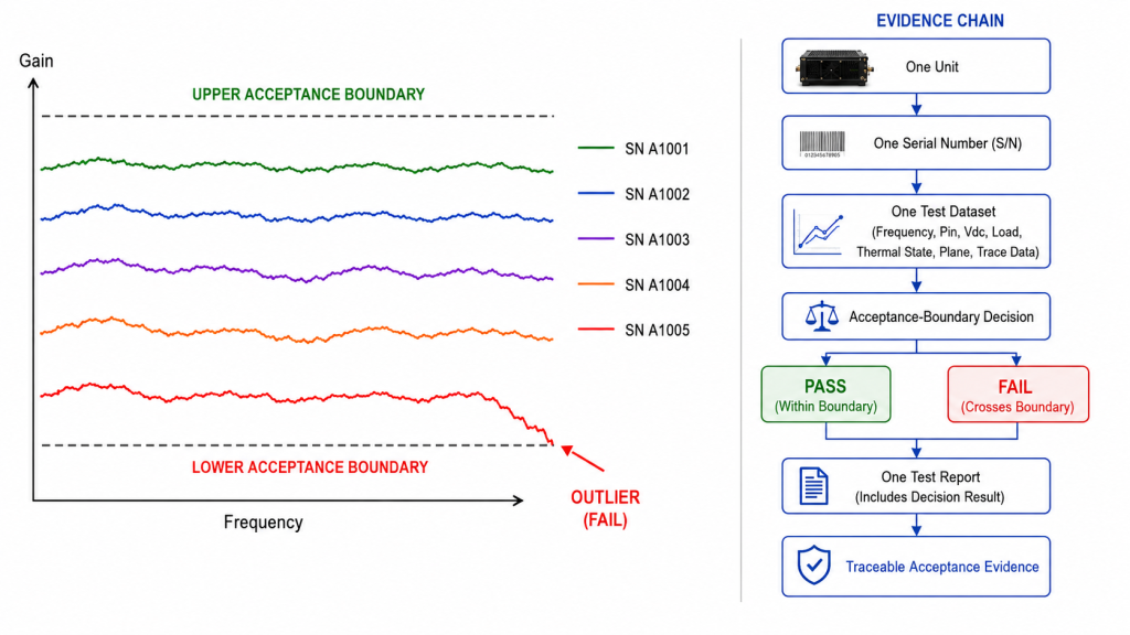 S/N-linked RF PA gain traces checked against acceptance boundaries with pass or fail results forming traceable batch acceptance evidence.