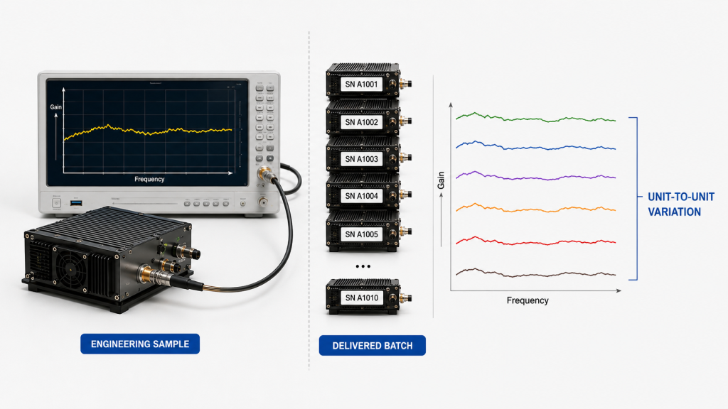 Engineering RF PA sample compared with S/N-identified delivered modules showing unit-to-unit gain variation across the batch.