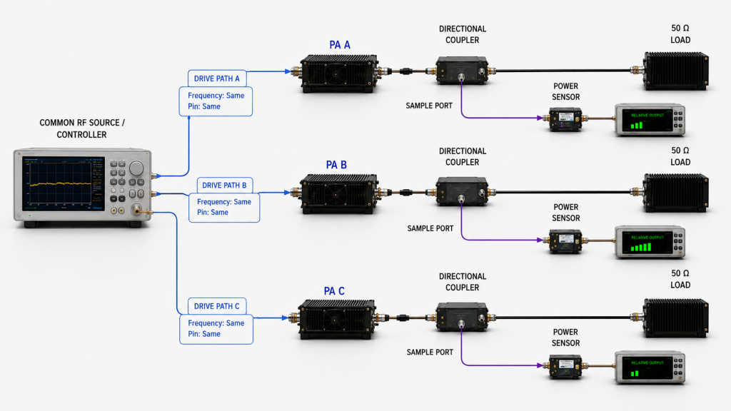 Three RF PA modules driven under the same comparison condition with directional-coupler sampling to show different relative RF outputs.