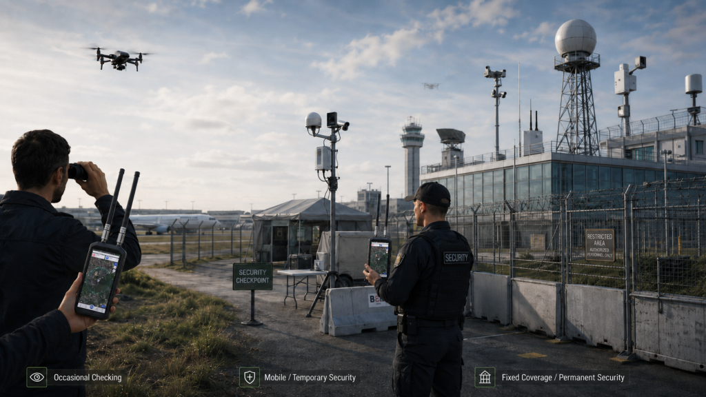 Drone detection method selection for occasional observation, mobile security patrols, and permanent protection sites
