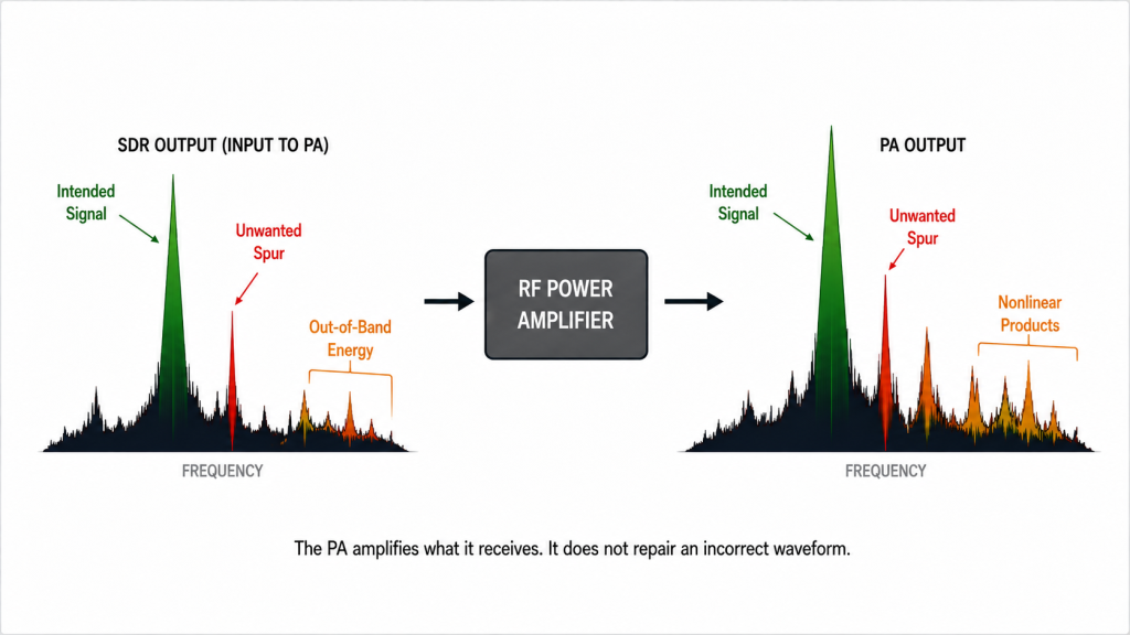 SDR signal quality comparison showing intended signal, unwanted spurs, out-of-band energy, and nonlinear products before and after PA amplification.
